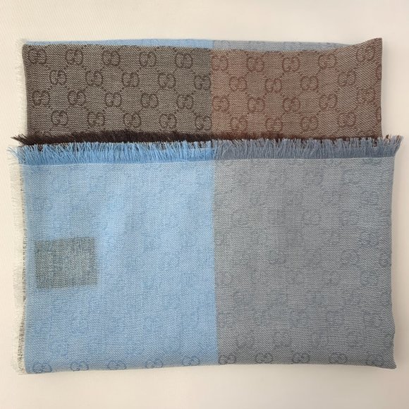 Gucci GG Lenolis Colorblock Scarf in Blue & Brown NEW WITH TAGS - Picture 3 of 12